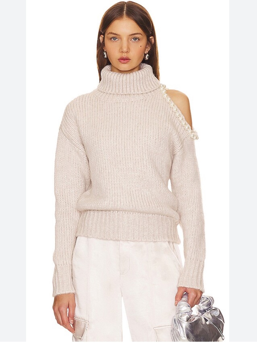 Zara One Shoulder Pearl Detail Knit Sweater Beige/pink Size M - Picture 1 of 12